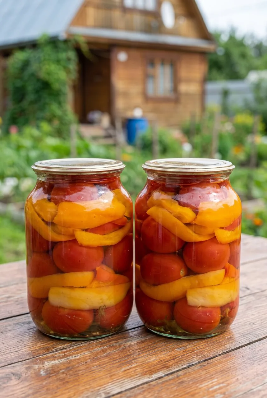 Перец в банке щедро делится с помидорами своим вкусом, и они получаются сладкими, сочны...