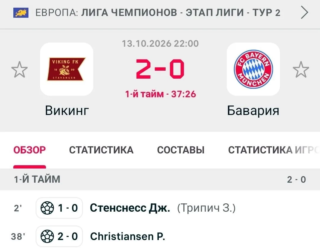 🥅 «Бавария» пропустила второй от «Викинга»!