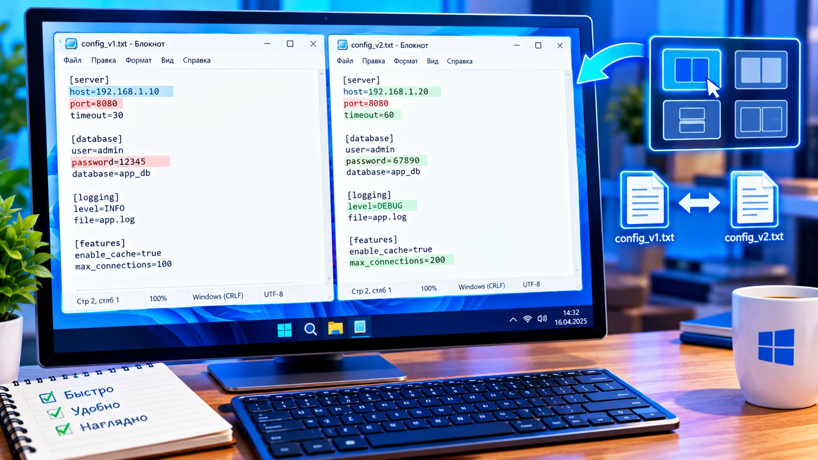 📄 ДВА ТЕКСТОВЫХ ФАЙЛА ПОХОЖИ? WINDOWS ПОЗВОЛЯЕТ ОТКРЫТЬ ИХ РЯДОМ И НАЙТИ РАЗЛИЧИЯ