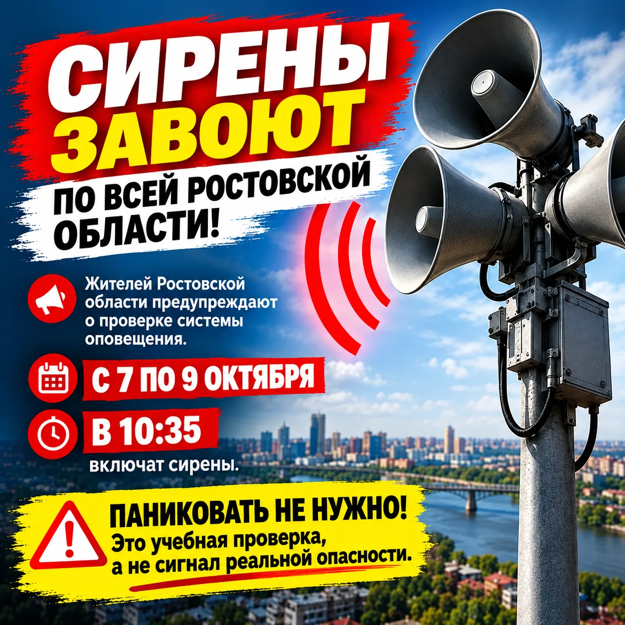 📢 В городах Ростовской области началась ПЛАНОВАЯ проверка сирен.