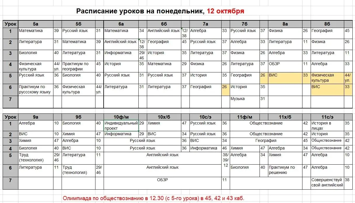 Расписание на понедельник, 12 октября
