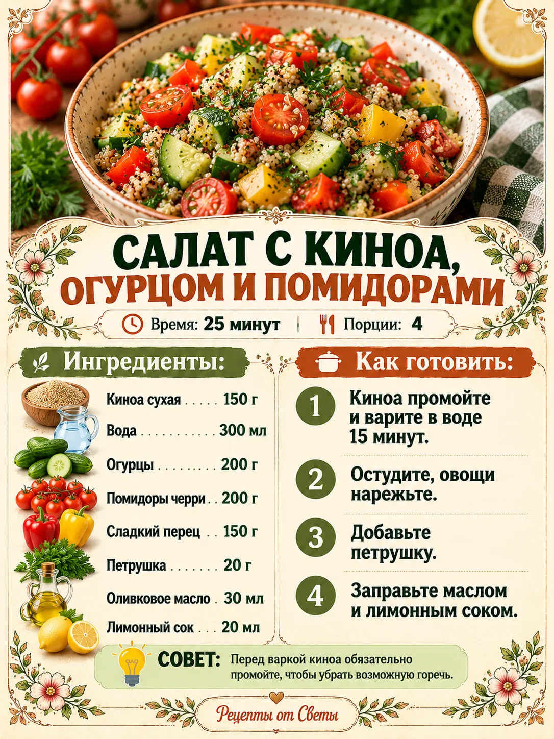 🥗 Салат с киноа, огурцом и помидорами, свежий, яркий и сытный, когда хочется чего-нибу...