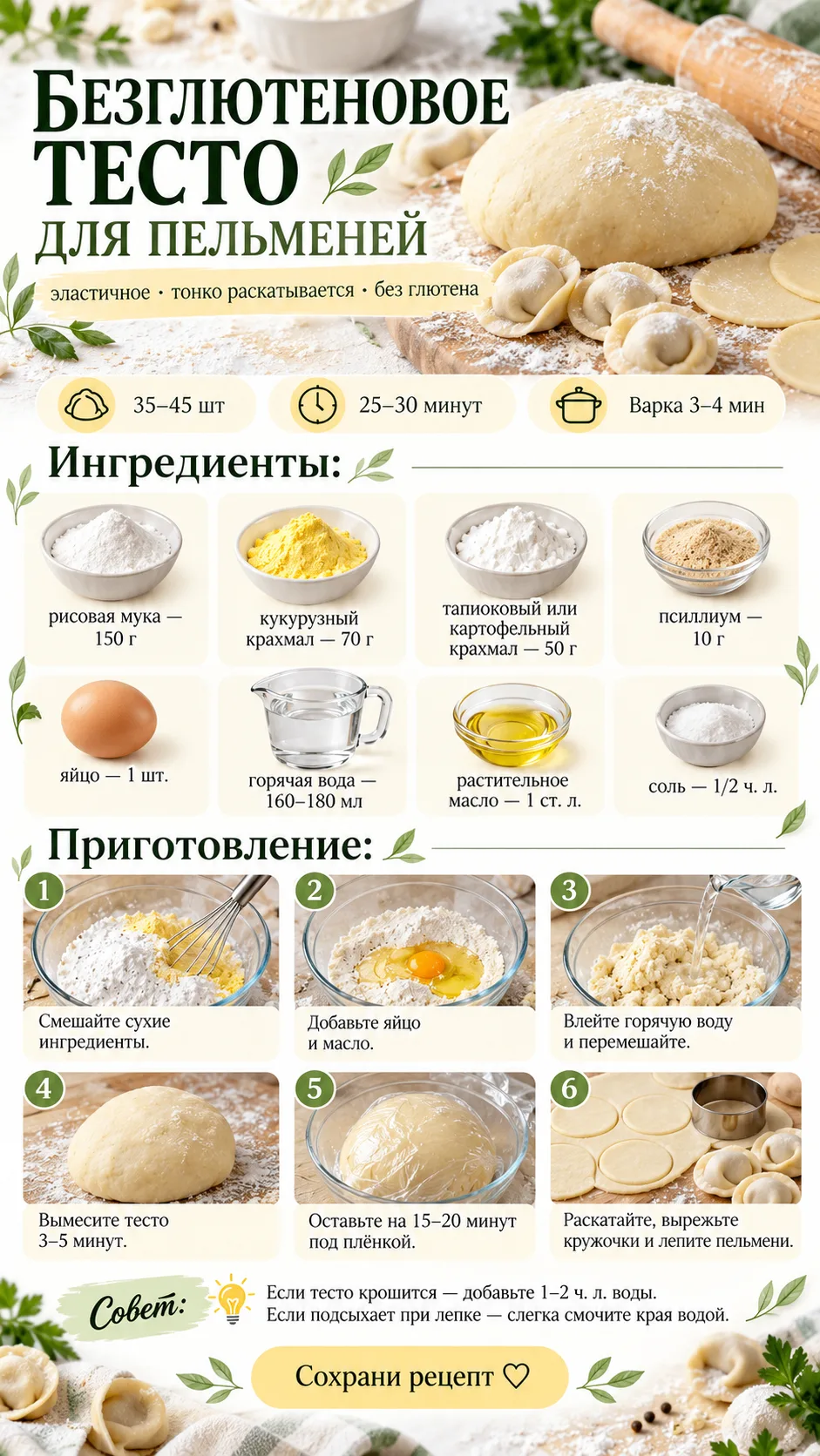 🥟 Безглютеновое тесто для пельменей | эластичное и тонкое.