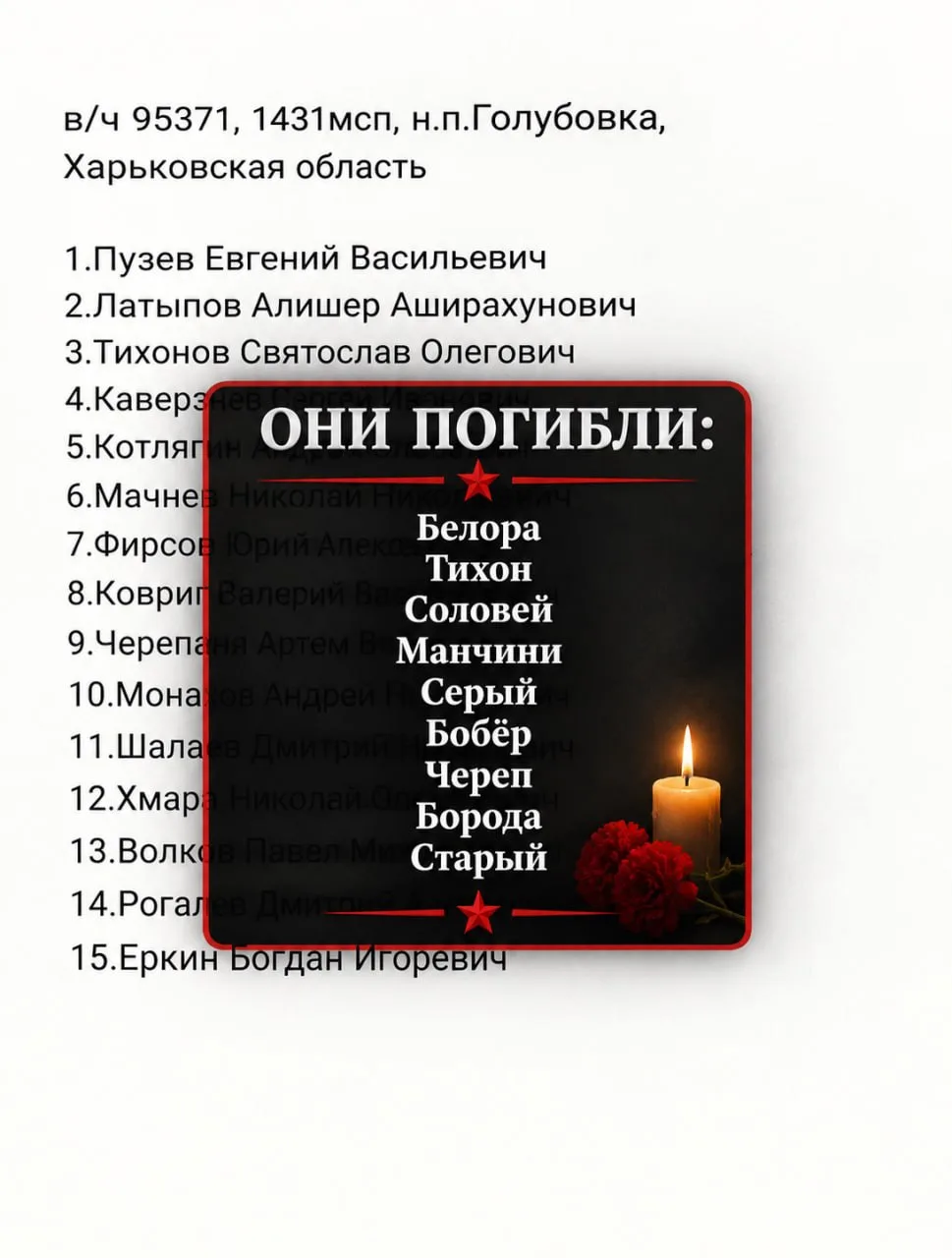 Список 200 (в/ч 95371), 1431 мсп, н.п.Голубовка, Харьковская область.