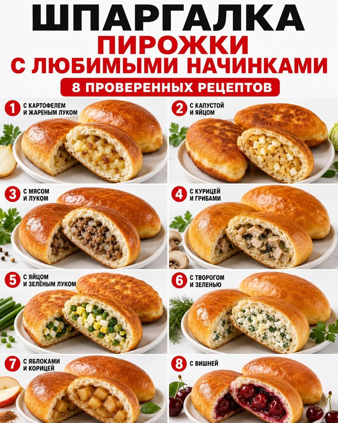 🥟 ШПАРГАЛКА ПО ПИРОЖКАМ С ЛЮБИМЫМИ НАЧИНКАМИ ❤️