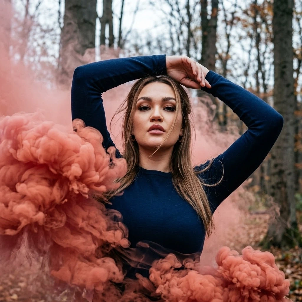Максимально фотореалистичная живая fashion-фотография девушки в осеннем лесу, вертикаль...