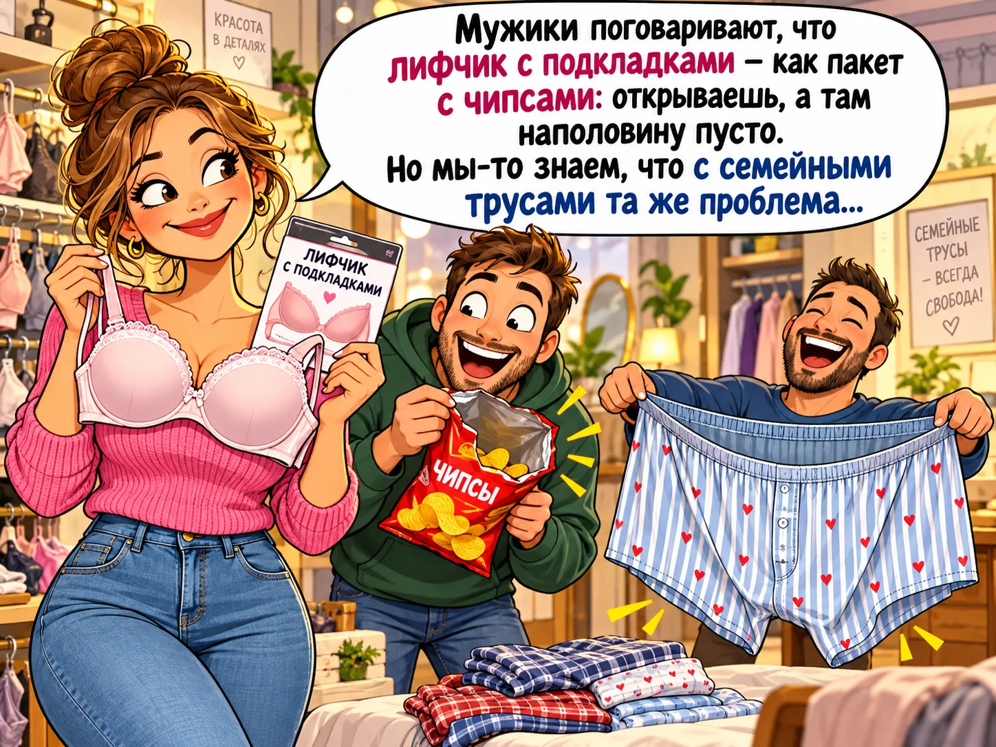 Мужики поговаривают, что лифчик с подкладками — как пакет с чипсами: открываешь, а там ...
