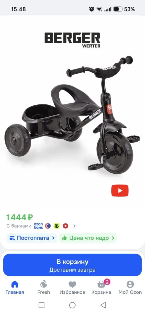 Велосипед детский без ручки TRIKE WERTER BERGER трехколесный черный