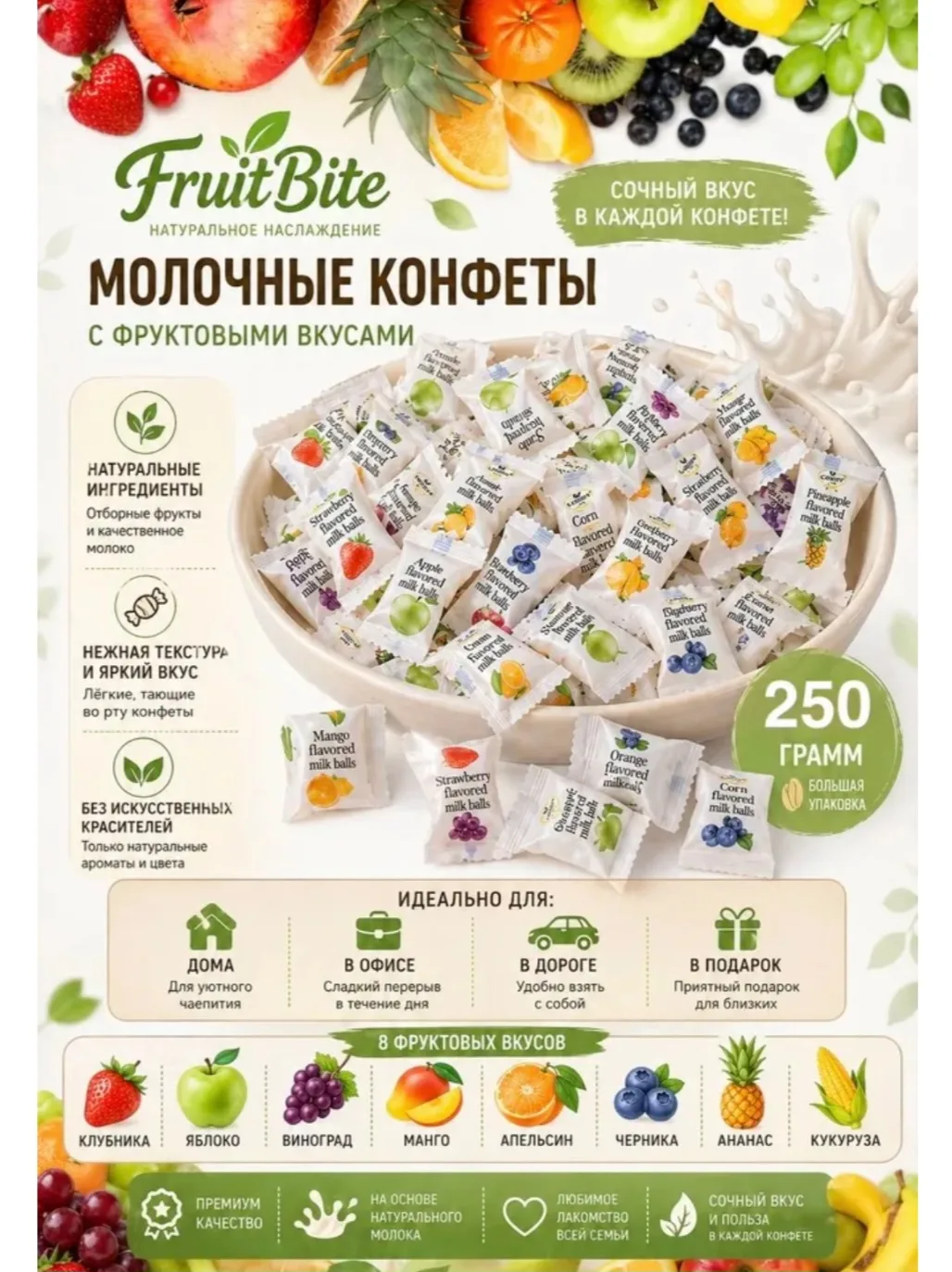 Жевательные конфеты йогуртовые с разными вкусами 250 гр