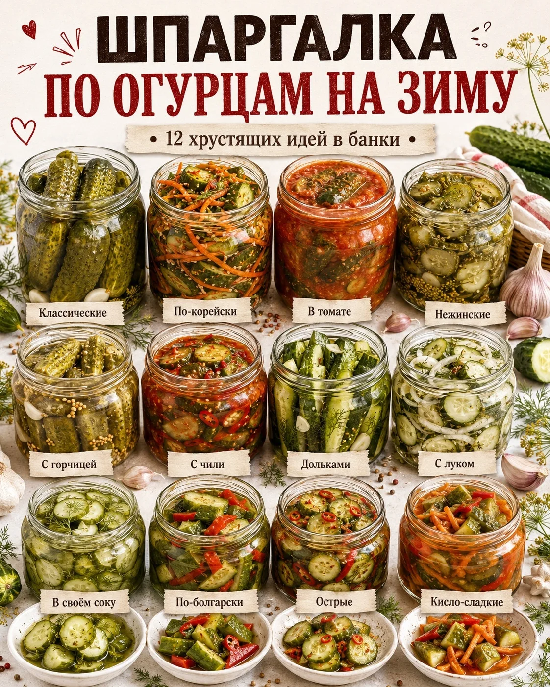 🥒 Сохраняй шпаргалку по огурцам на зиму — здесь сразу 12 идей, чтобы банки были не оди...