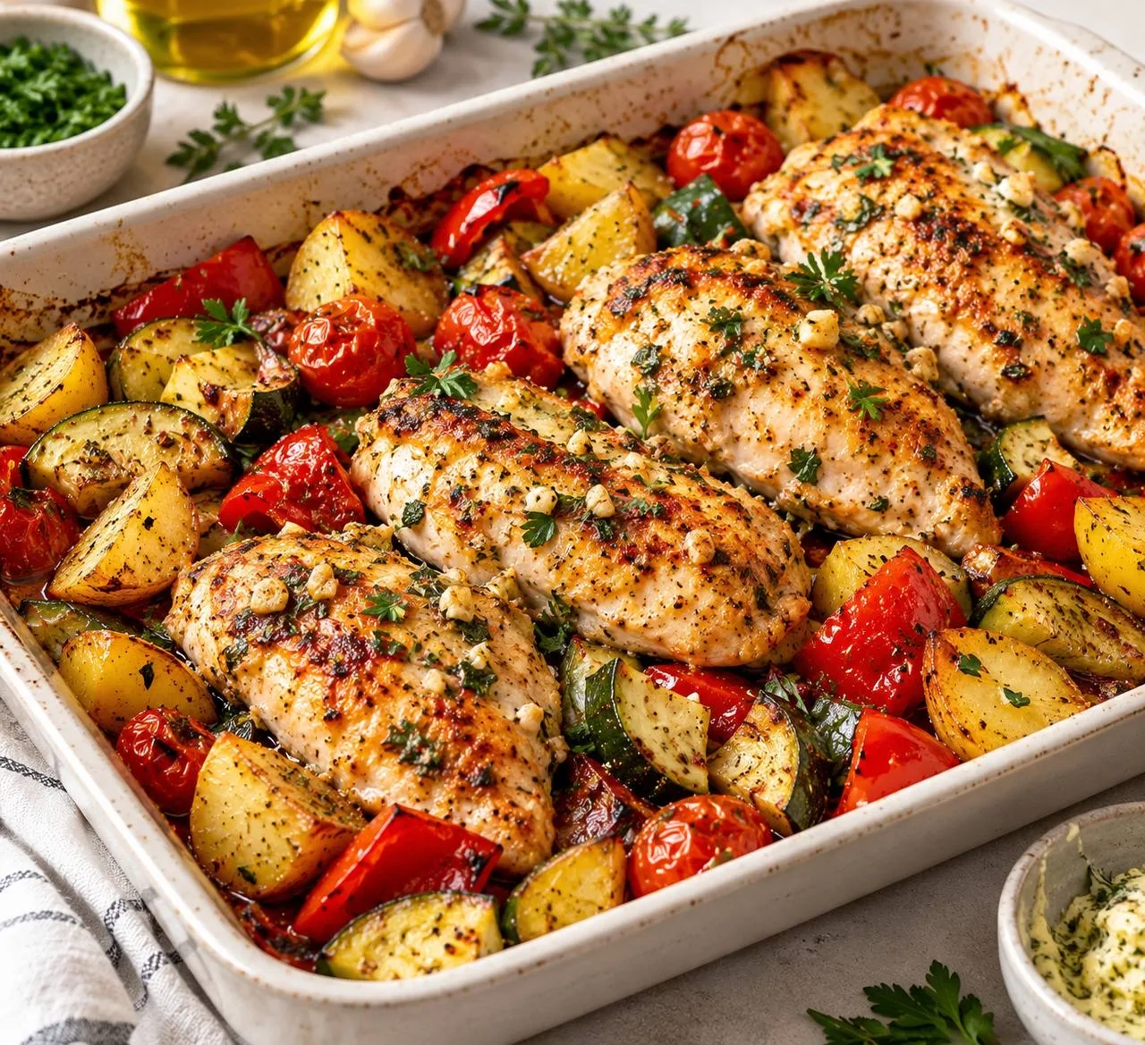 Курица с чесночным маслом и запечёнными овощами.