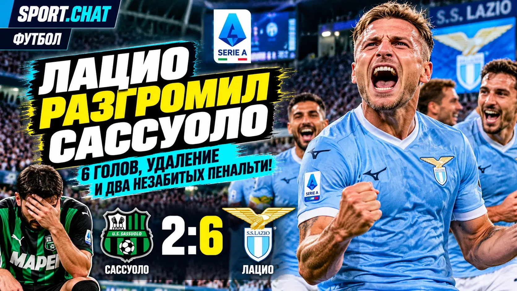 «Лацио» разгромил «Сассуоло» — 6:2! Шесть голов, удаление и два незабитых пенальти в бе...