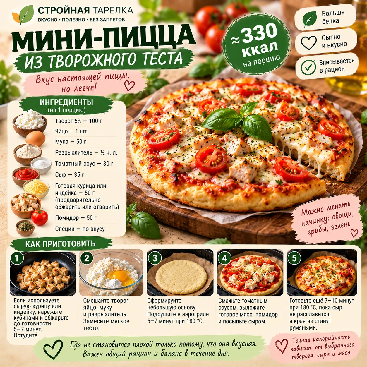 🍕 МИНИ-ПИЦЦА ИЗ ТВОРОЖНОГО ТЕСТА — ОКОЛО 330 ККАЛ