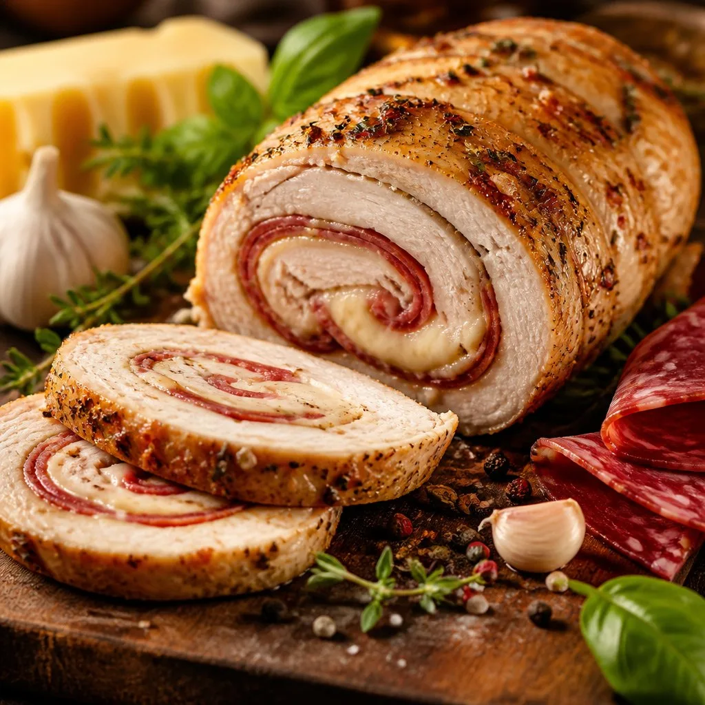 Куриный рулет с салями и сыром. Для приготовления блюда требуются куриная грудка, салям...