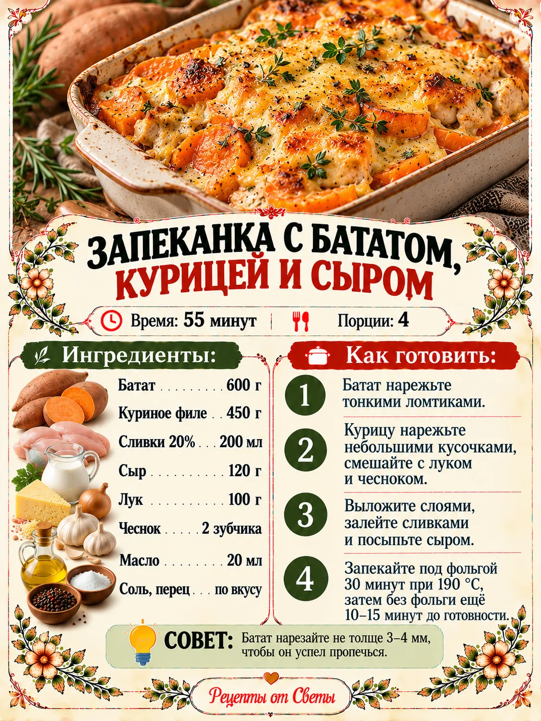 🍠 Запеканка с бататом, курицей и сыром, с золотистой корочкой и нежной начинкой, ради ...