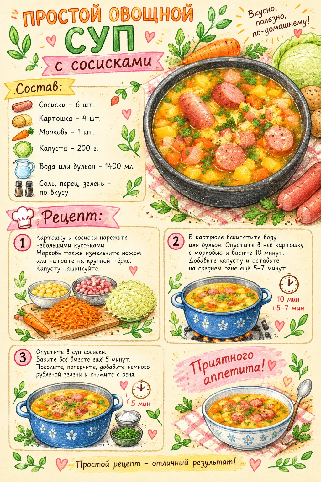 👨‍🍳 ПРОСТОЙ ОВОЩНОЙ СУП С СОСИСКАМИ