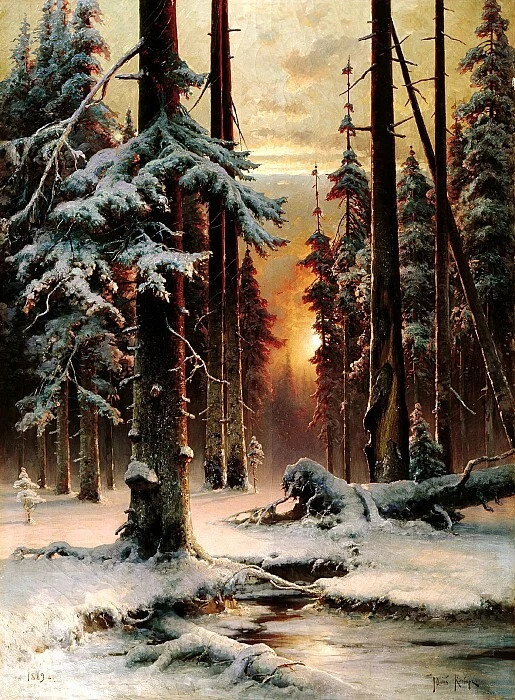 ❄️ Магия зимнего света: шедевр Юлия Клевера «Зимний закат в еловом лесу»