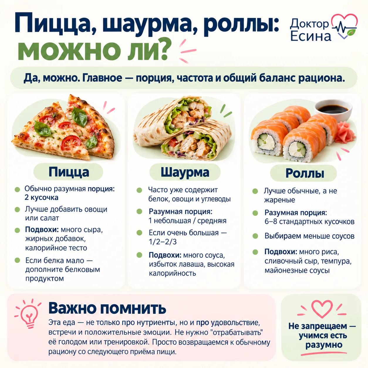 Пицца, роллы, шаурма — это не продукты, которые нужно навсегда вычеркнуть из рациона. Г...