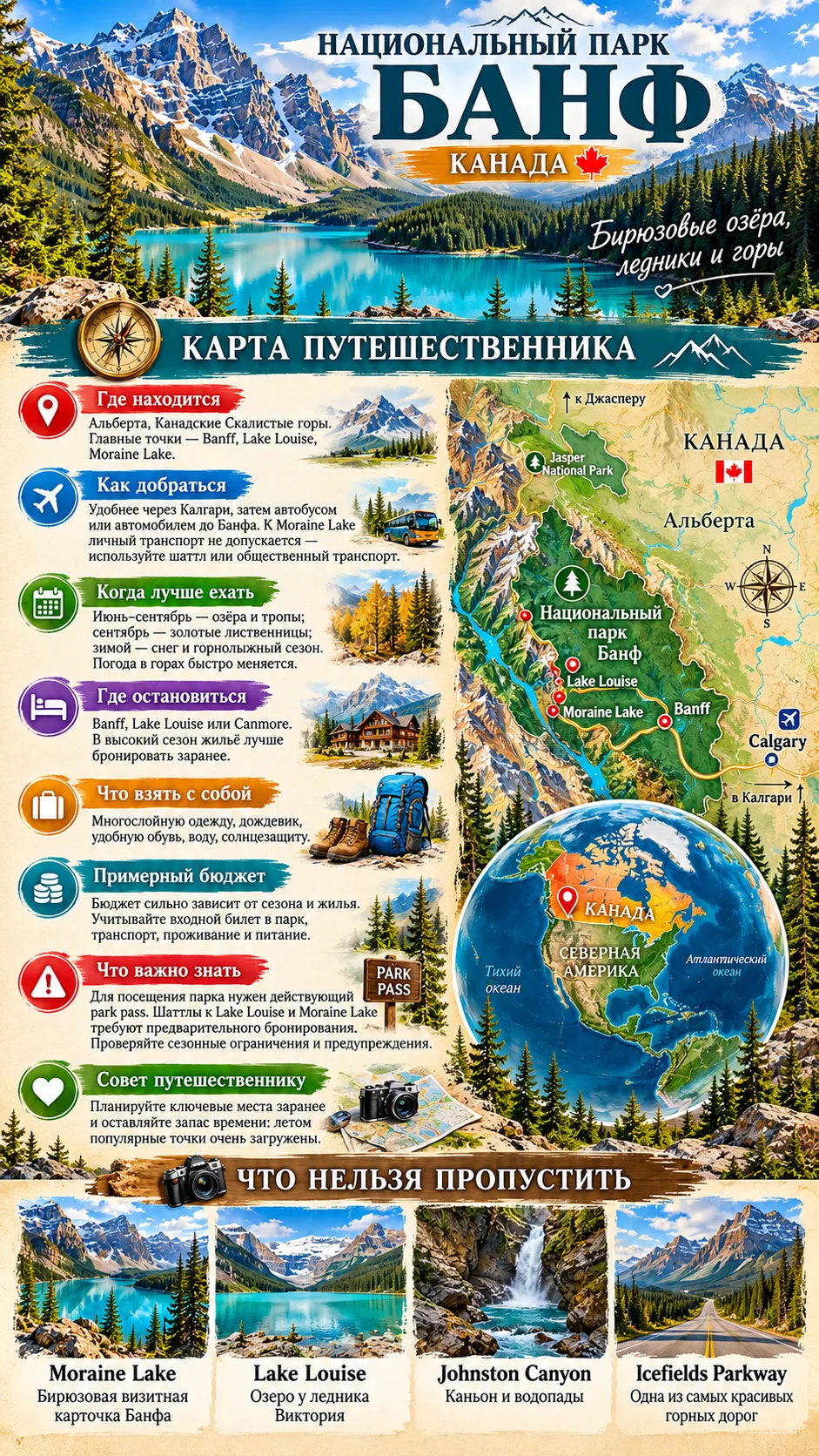 🧭 Банф — бирюзовые озёра среди Канадских Скалистых гор 🇨🇦🏔️