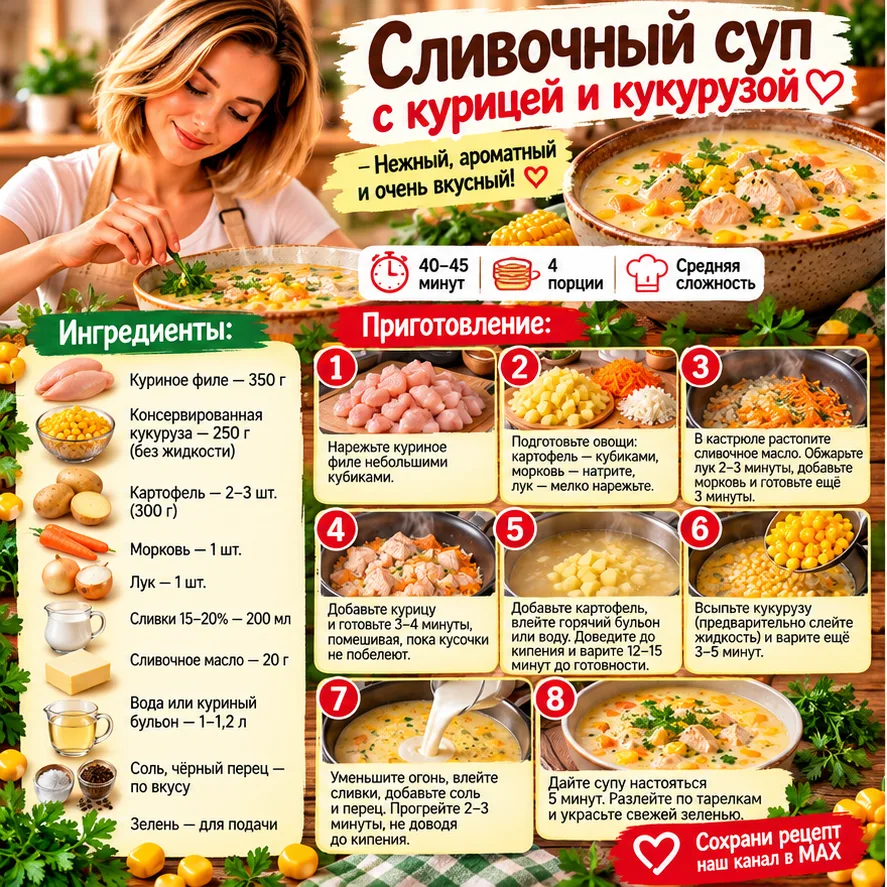 🍲❤️ СЛИВОЧНЫЙ СУП С КУРИЦЕЙ И КУКУРУЗОЙ 🌽