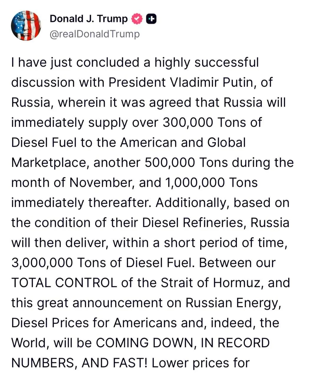 ⚡️Только что, провёл очень успешный разговор с Путиным — Трамп