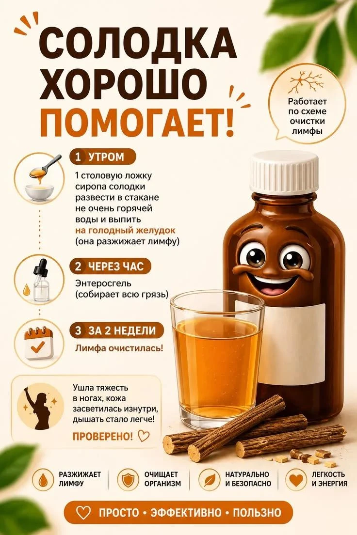 Солодка разгоняет лимфу: ложка на стакан тёплой воды утром — и организм запускает очище...