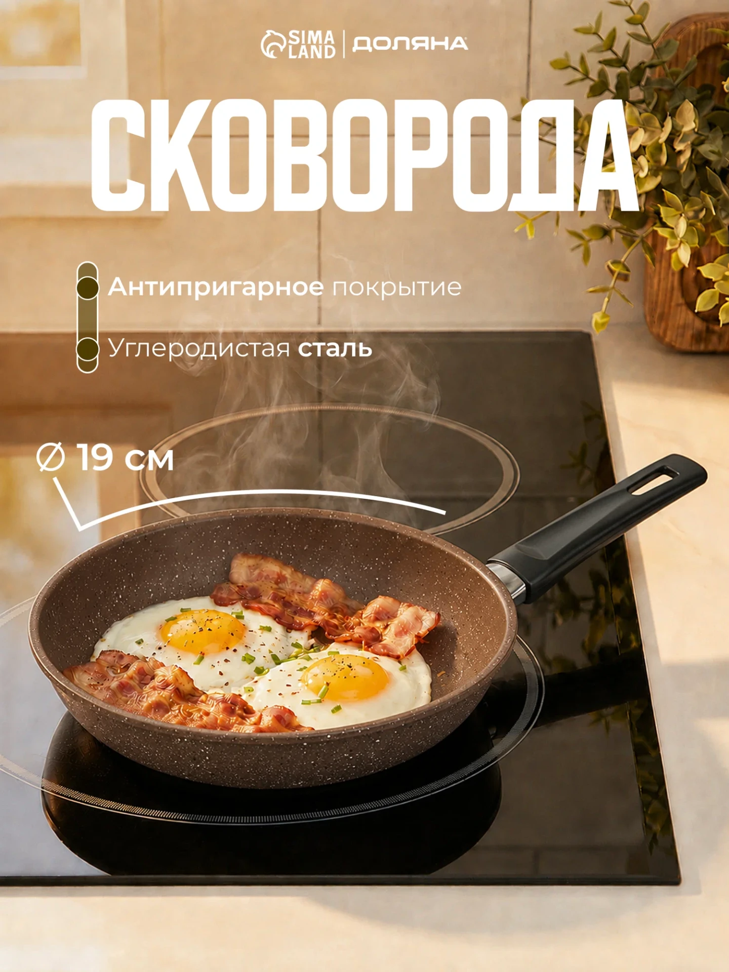 Сковорода Доляна Rock, d=19 см, пластиковая ручка, антипригарное покрытие, углеродистая...