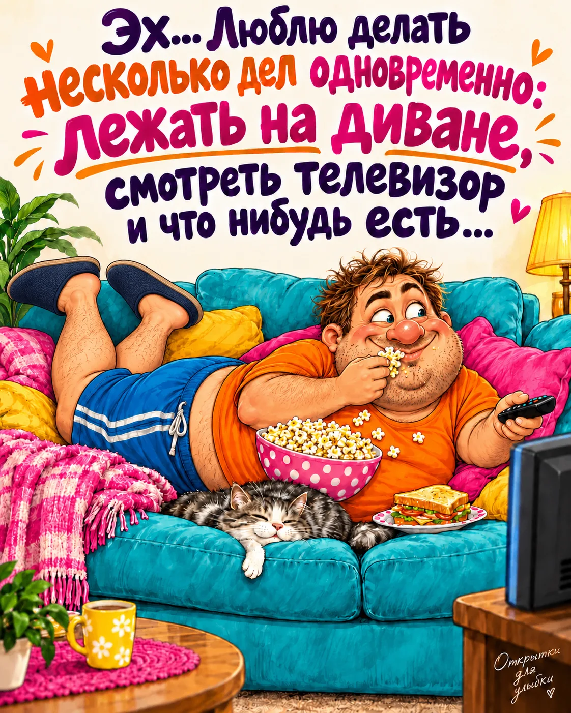 🛋️ Лежу, жую, смотрю телевизор: прошу не мешать, у меня три дела одновременно!