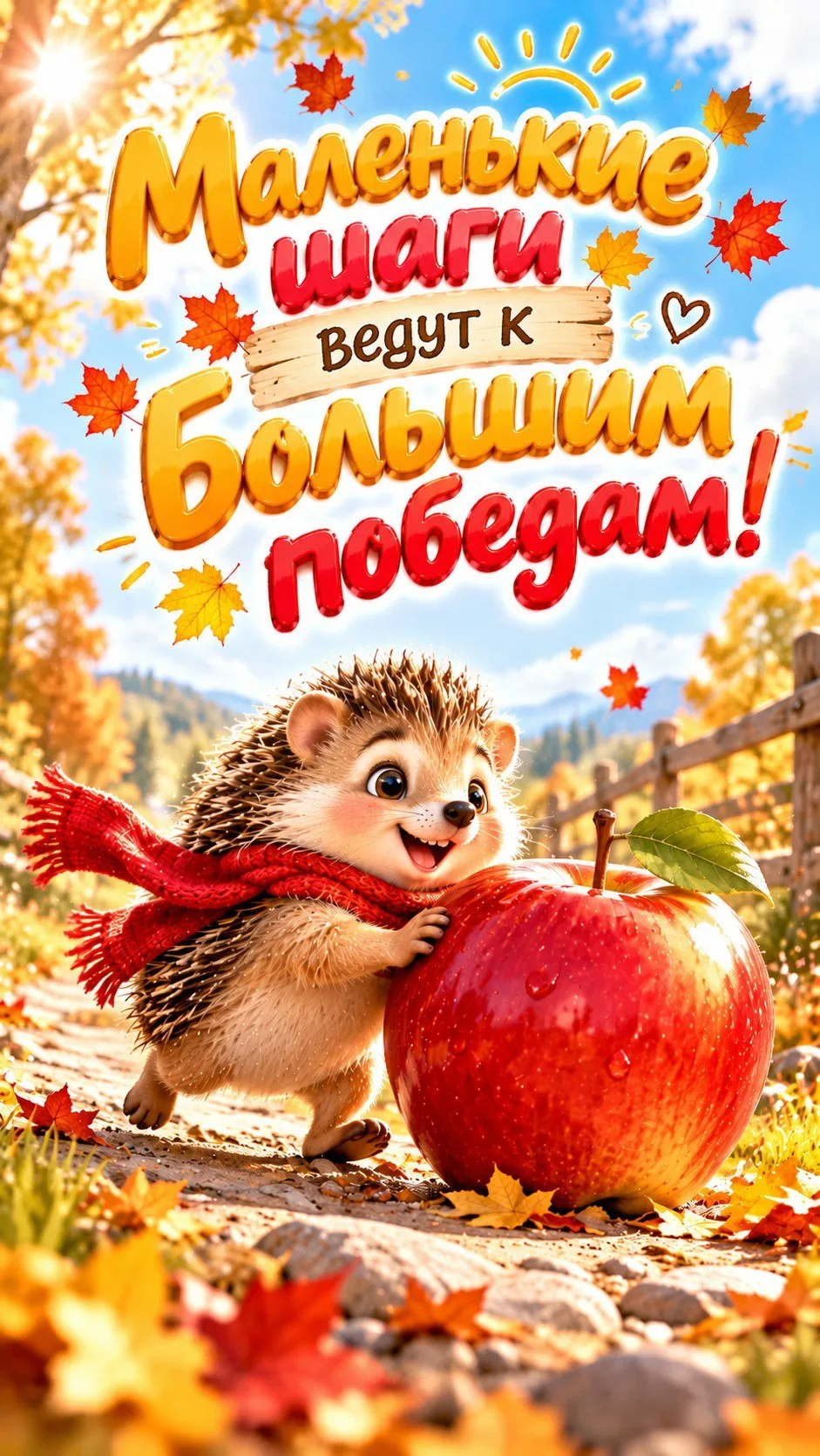 Маленькие шаги ведут к большим победам! Этот ёжик в красном шарфике уже катит своё огро...