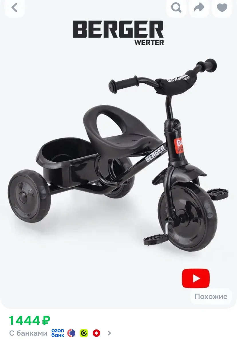 Велосипед детский без ручки TRIKE WERTER BERGER трехколесный черный