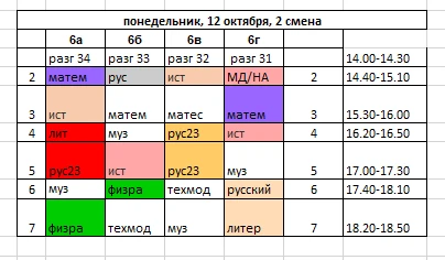 Расписание на 2 смену в понедельник, 12 октября
