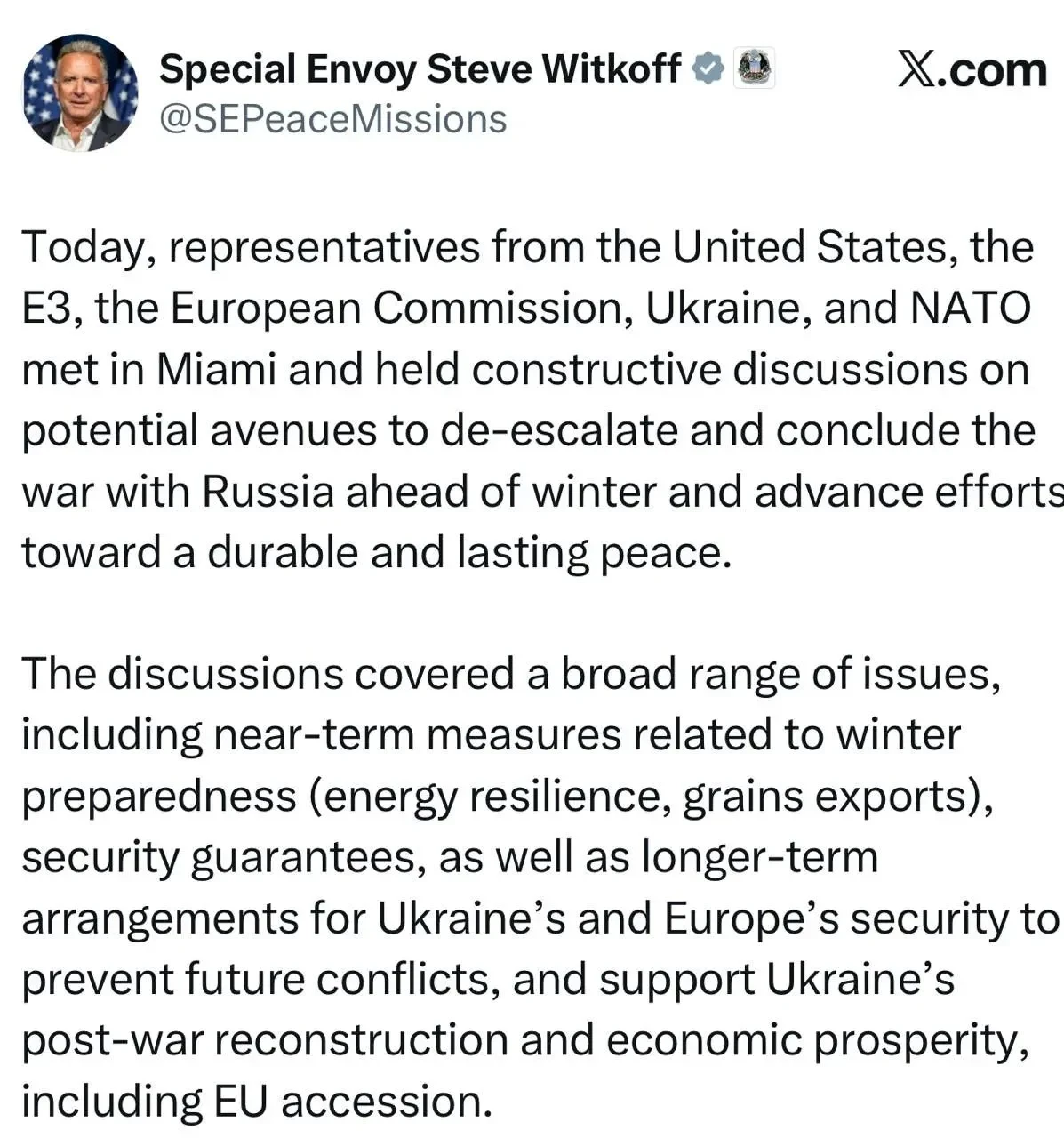 ❗️Уиткофф заявил, что обсудил с Киевом завершение конфликта до зимы.