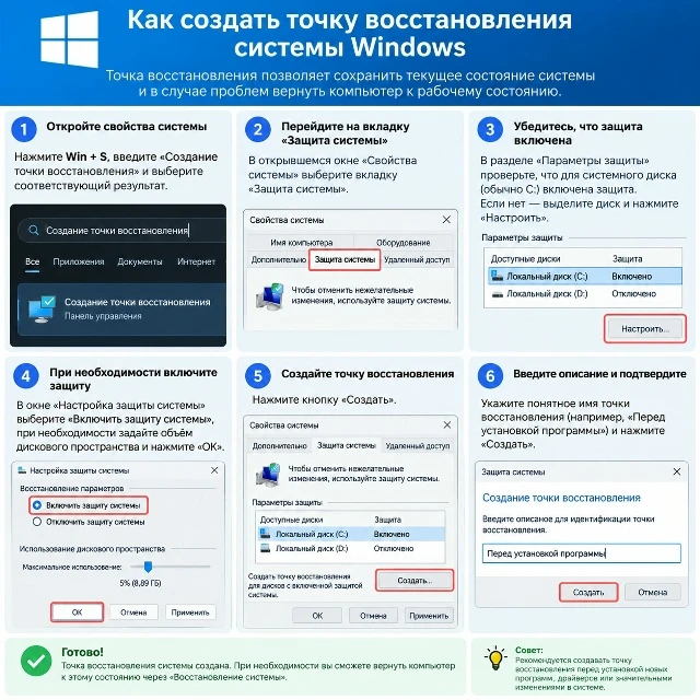🛡 Как создать точку восстановления системы Windows