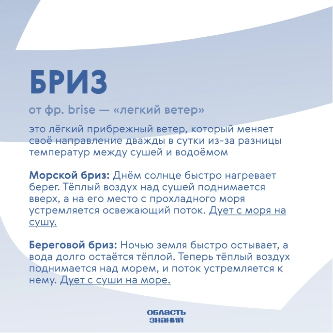 📚 Слово дня. Бриз — очень «верный» ветер. Он редко проникает вглубь суши дальше, чем н...