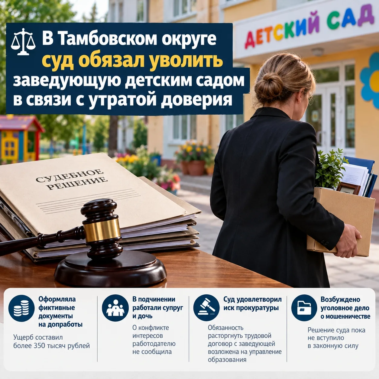 ⚖ В Тамбовском округе заведующую детсадом обязали уволить из-за утраты доверия