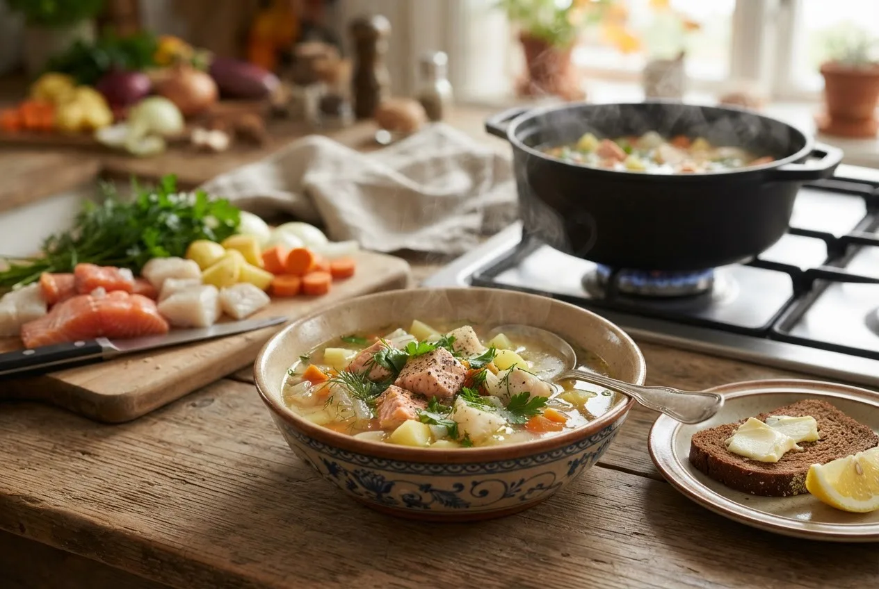 Рецепт ухи из рыбы с овощами и зеленью