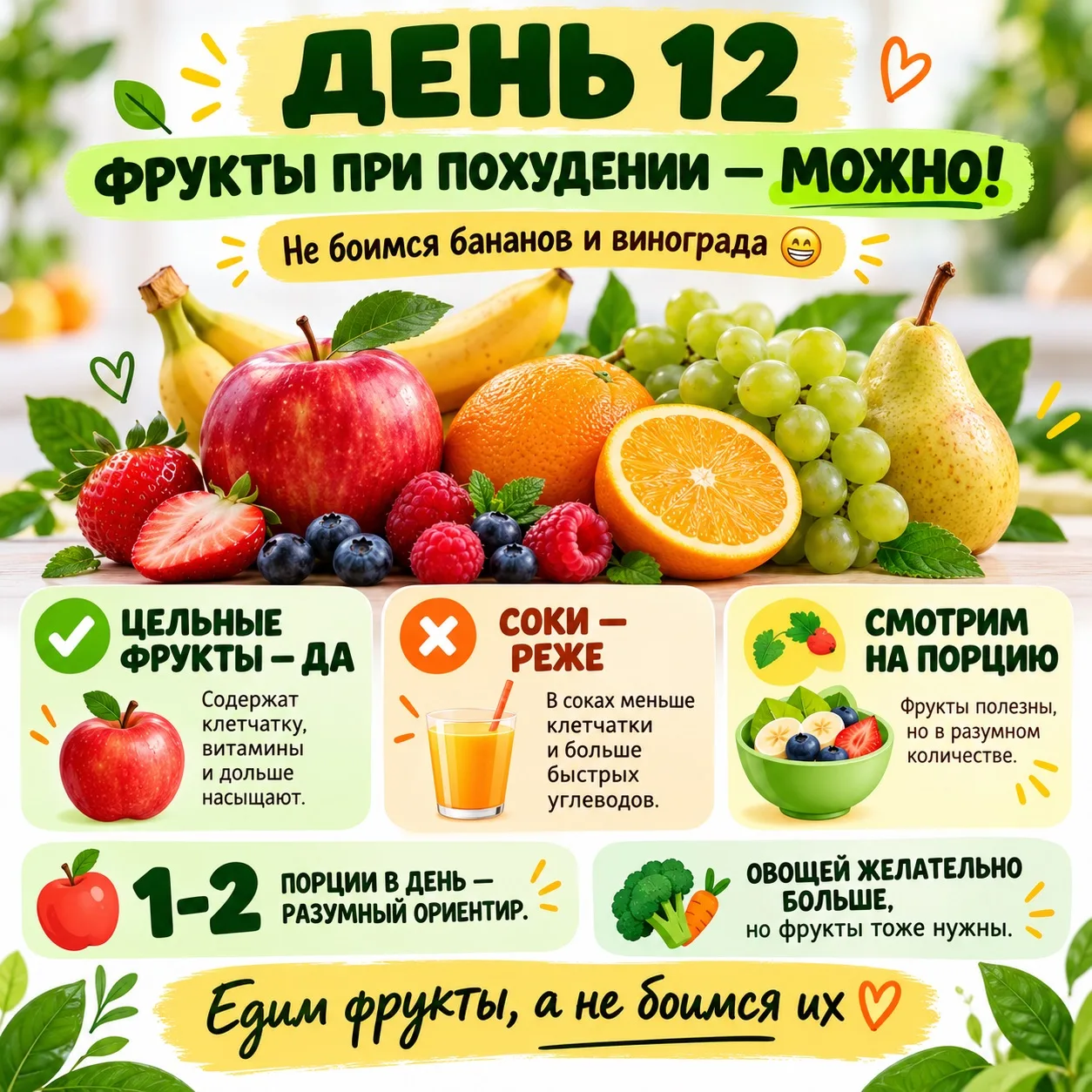 🍎 ДЕНЬ №12. ФРУКТЫ ПРИ ПОХУДЕНИИ. МОЖНО ЛИ БАНАНЫ И ВИНОГРАД? 😁