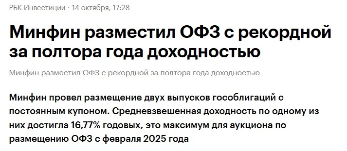 Минфин вчера занял часть выпуска ОФЗ под 16,77%.