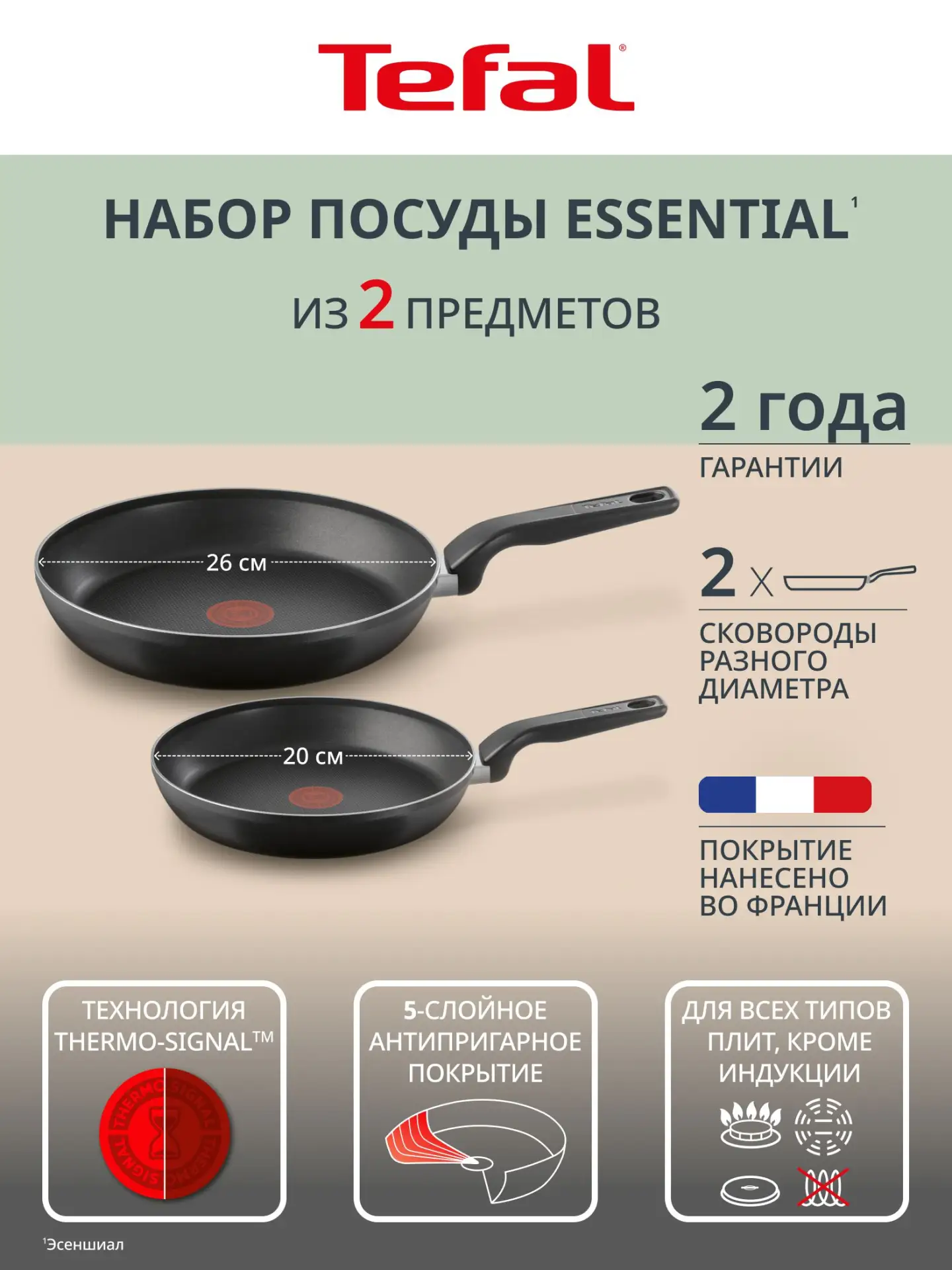 🟠 Набор сковород Tefal Essential, 2 предмета: 20, 26 см, с индикатором нагрева, антипр...