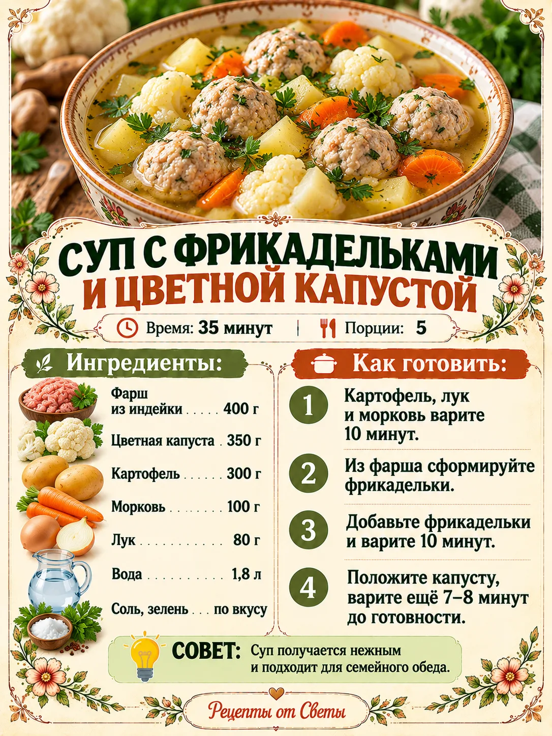 🥣 Суп с фрикадельками и цветной капустой, лёгкий, сытный и такой домашний, что за доба...