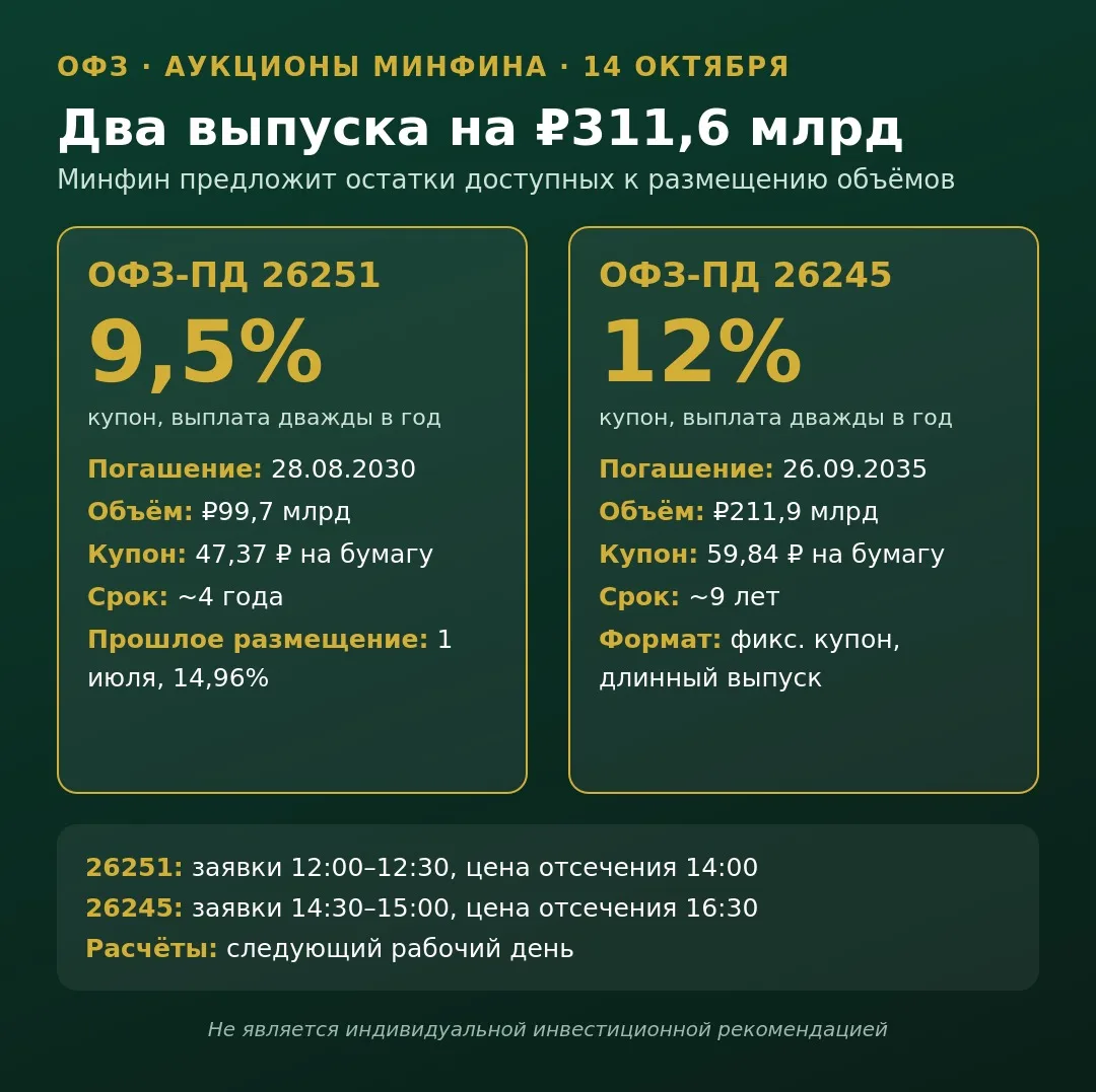 🏛 Минфин выходит на рынок: сегодня два аукциона ОФЗ на ₽311,6 млрд