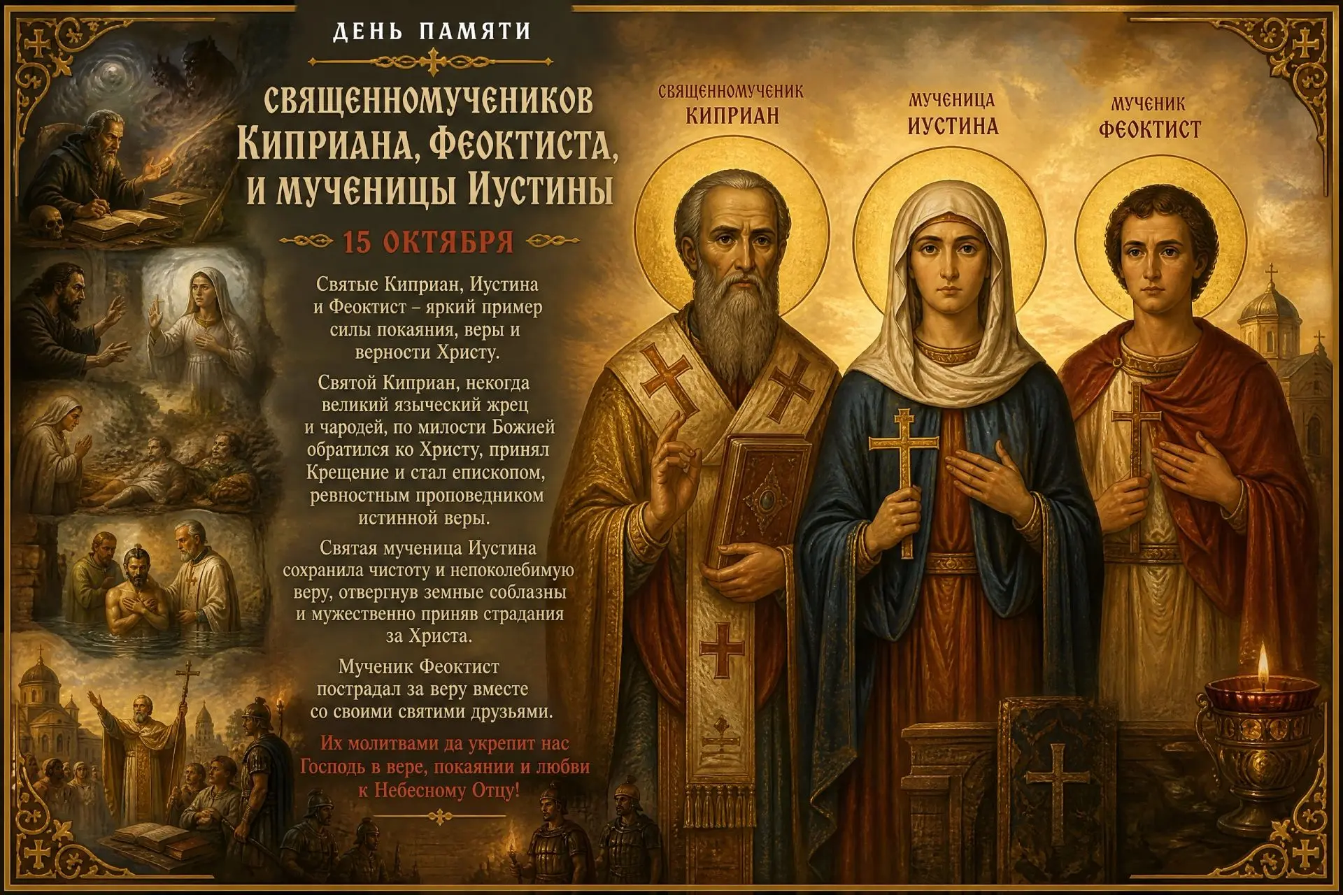 15 октября День Памяти Священномученика Киприана, Мученицы Иустины и Мученика Феоктиста