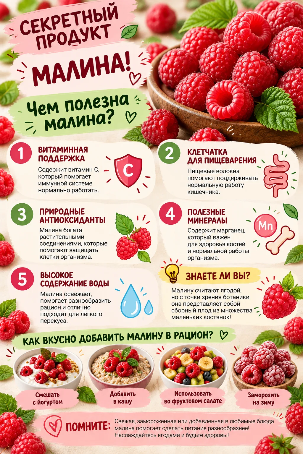 🍓 СЕКРЕТНЫЙ ПРОДУКТ 4 ДНЯ: МАЛИНА — МАЛЕНЬКАЯ ЯГОДА БОЛЬШОЙ ПОЛЬЗЫ!