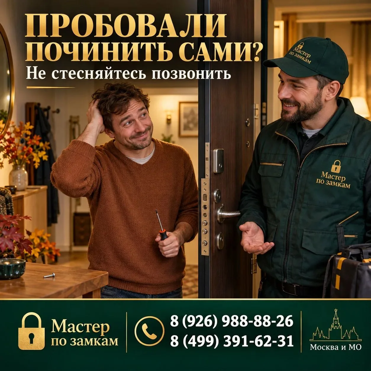 🛠 Уже попробовали починить замок сами? Отвёртку откладываем, неловкость — тоже.