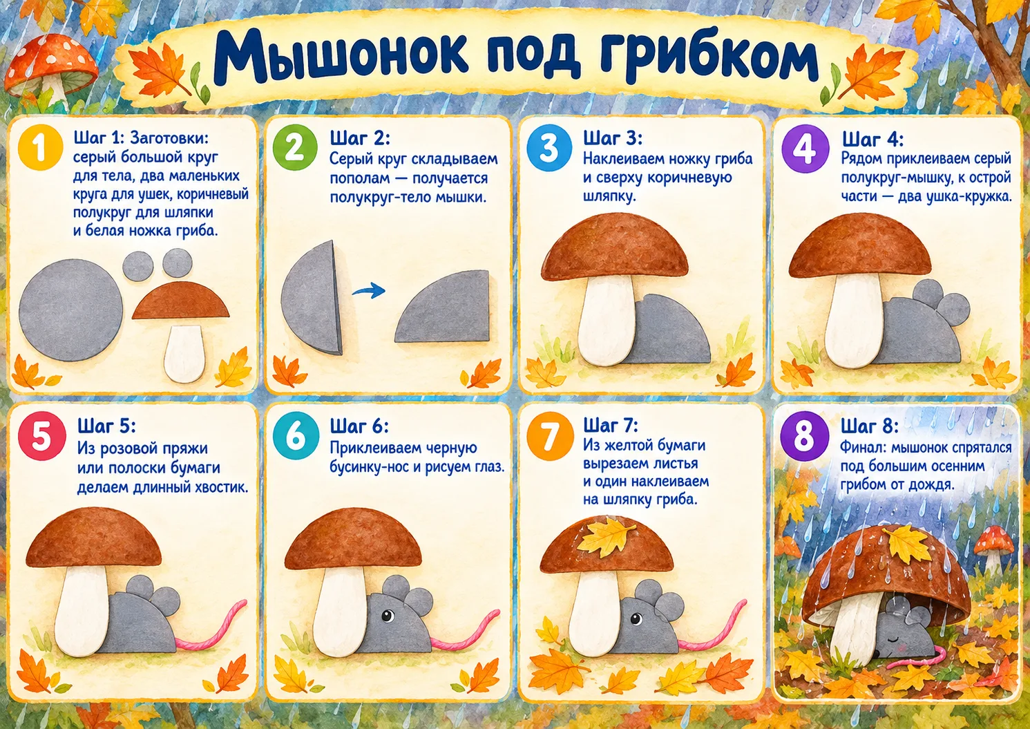 📌Поэтапная аппликация: Животные осенью🎨