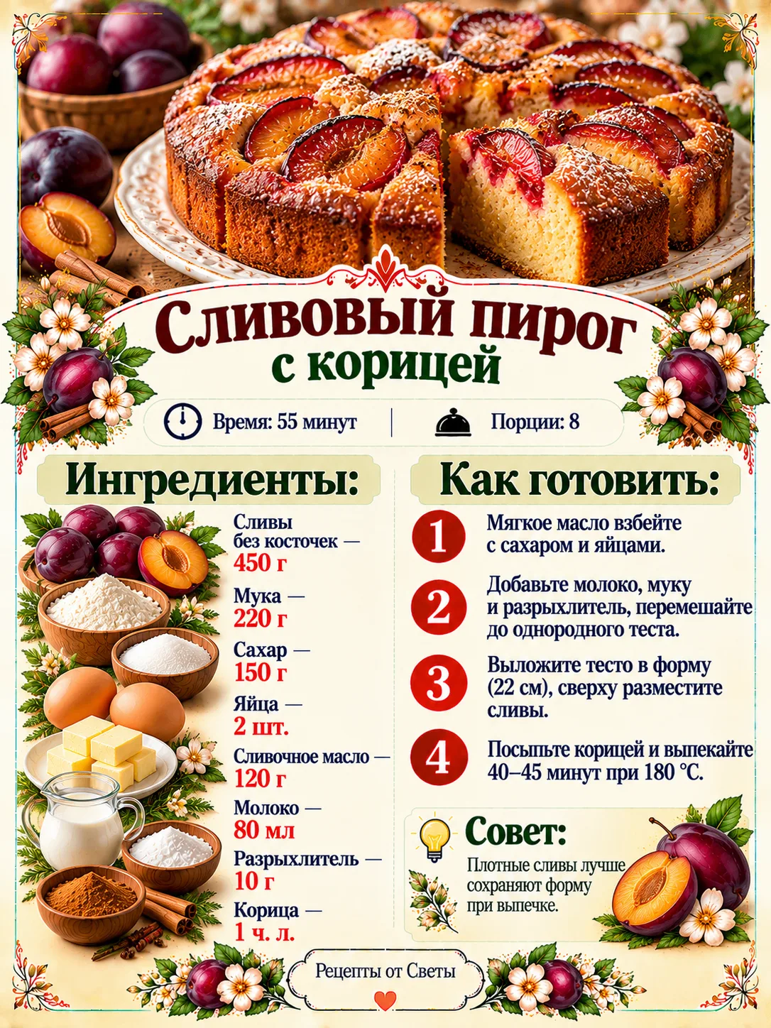 🍑 Сливовый пирог с корицей, румяный и ароматный, словно сама осень заглянула на кухню ...