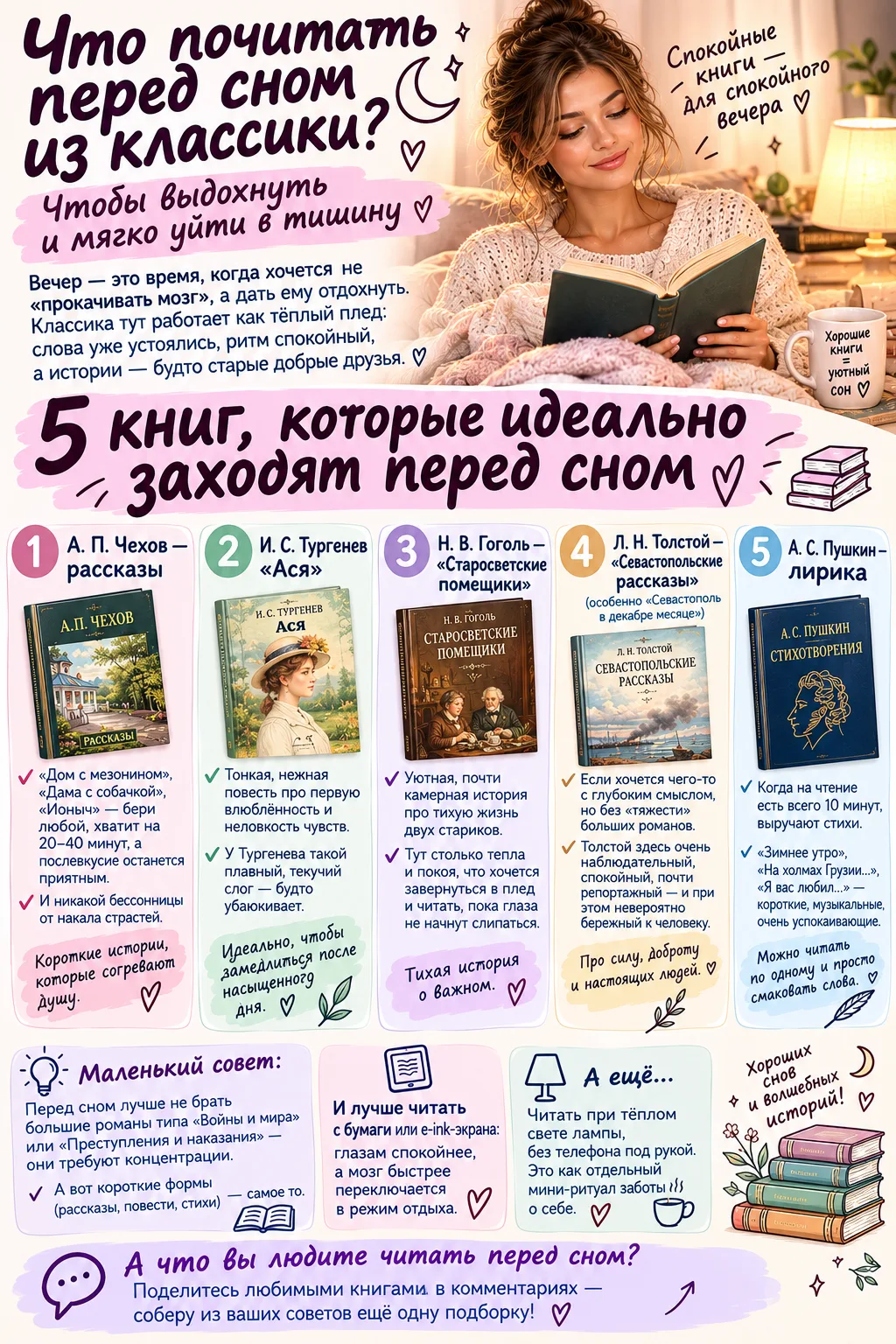 🌙 Что почитать перед сном из классики: чтобы выдохнуть и мягко уйти в тишину
