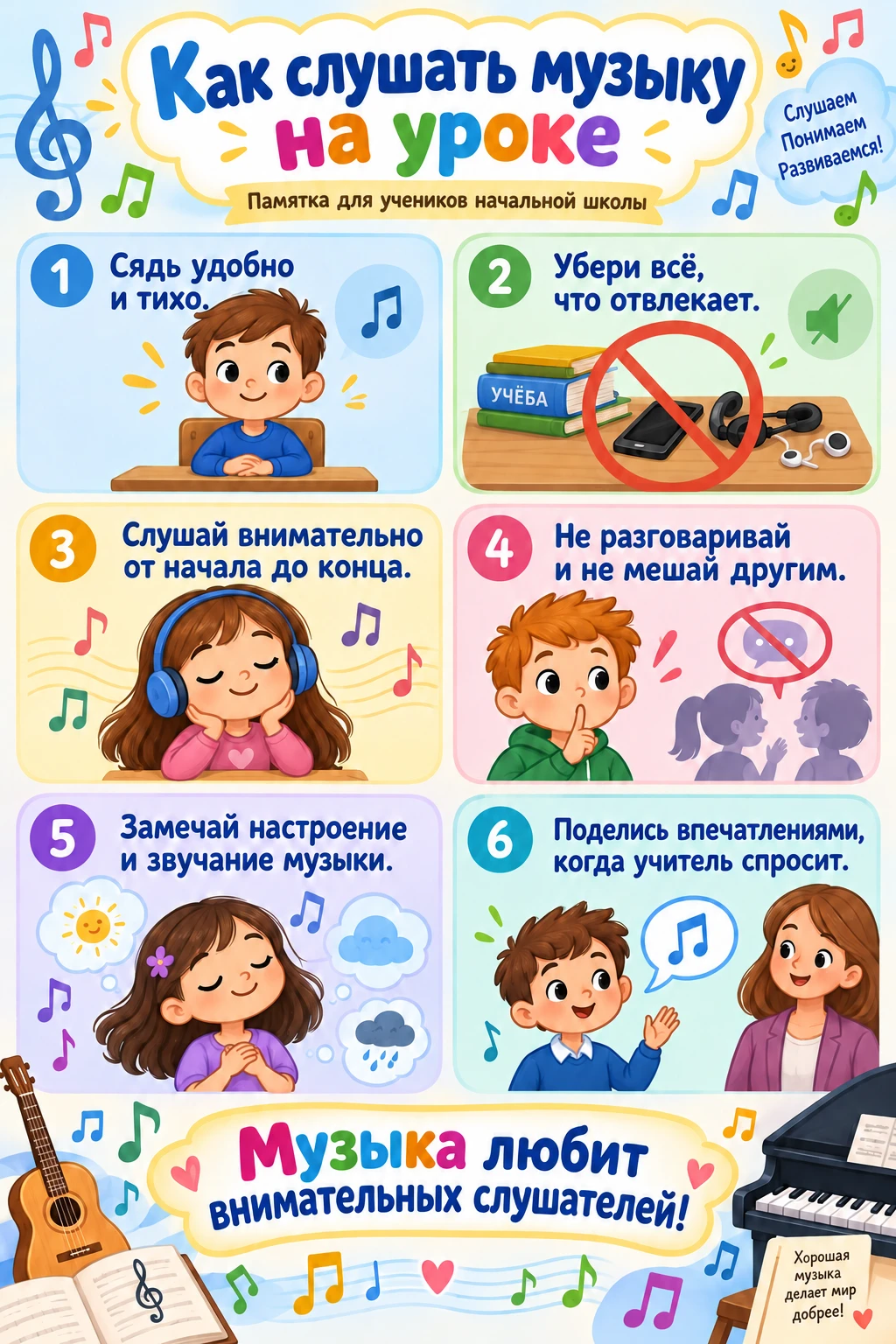Памятка по слушанию музыки на уроках музыки в начальной школе.