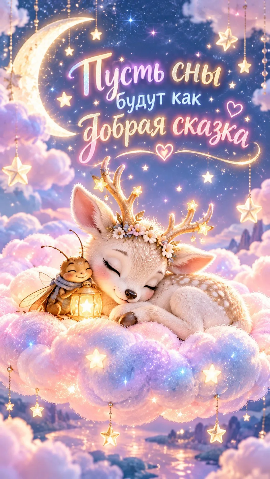 Пусть сны будут как добрая сказка! Маленький оленёнок и светлячок уже устроились на пуш...