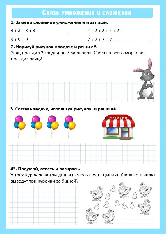 📝 Рабочий лист по математике "Связь сложения и умножения"